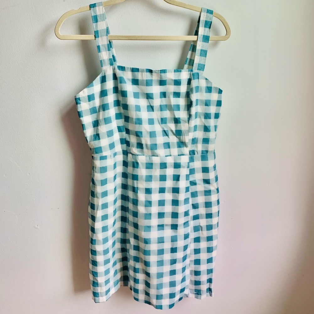 Blue & White Gingham Square Neck Mini Dress - 8